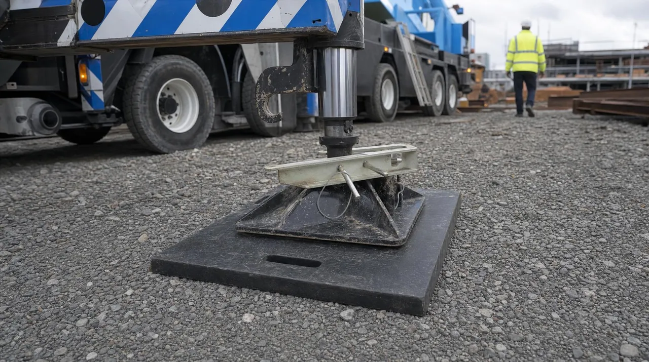 The steel outrigger foot of a mobile crane bearing on a black polyethylene outrigger pad