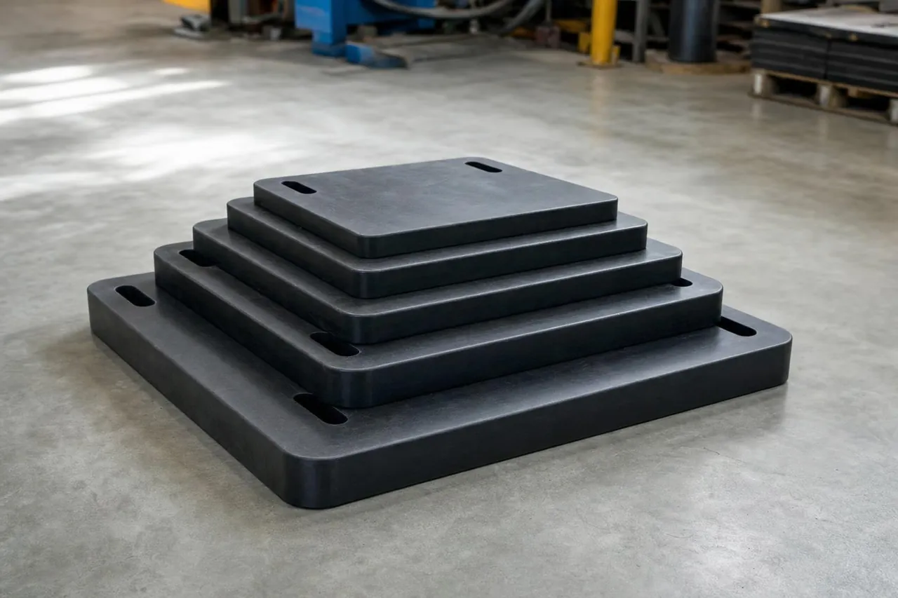 A stack of five black outrigger pads of graduated sizes on a concrete floor