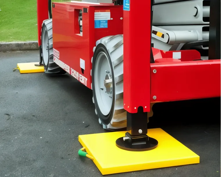 A yellow outrigger pad under the stabiliser of a red elevated work platform