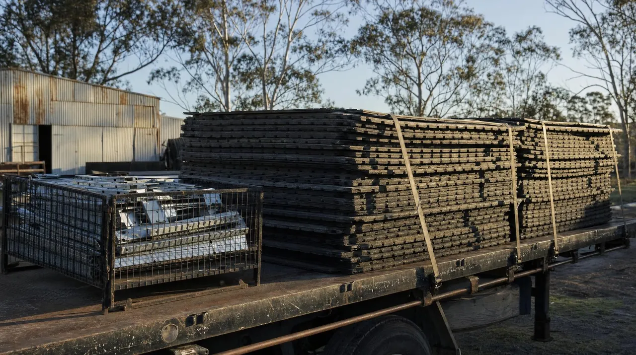 Black PolyTrac mats strapped on a flatbed truck at a rural depot at first light