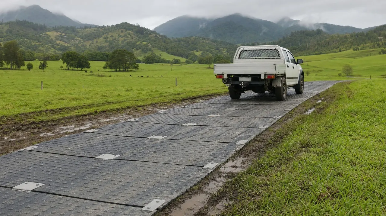 Black PolyTrac bog mats laid as a temporary access road across a wet paddock in the Northern Rivers, a work ute driving along them