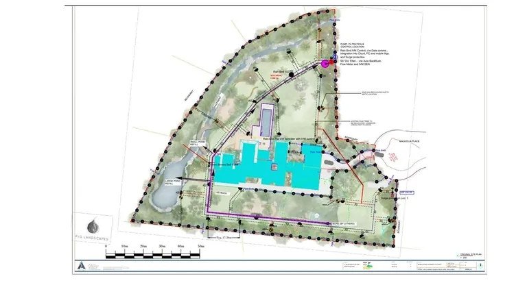 An irrigation design plan drawing of a landscaped site showing heads, pipework and zones