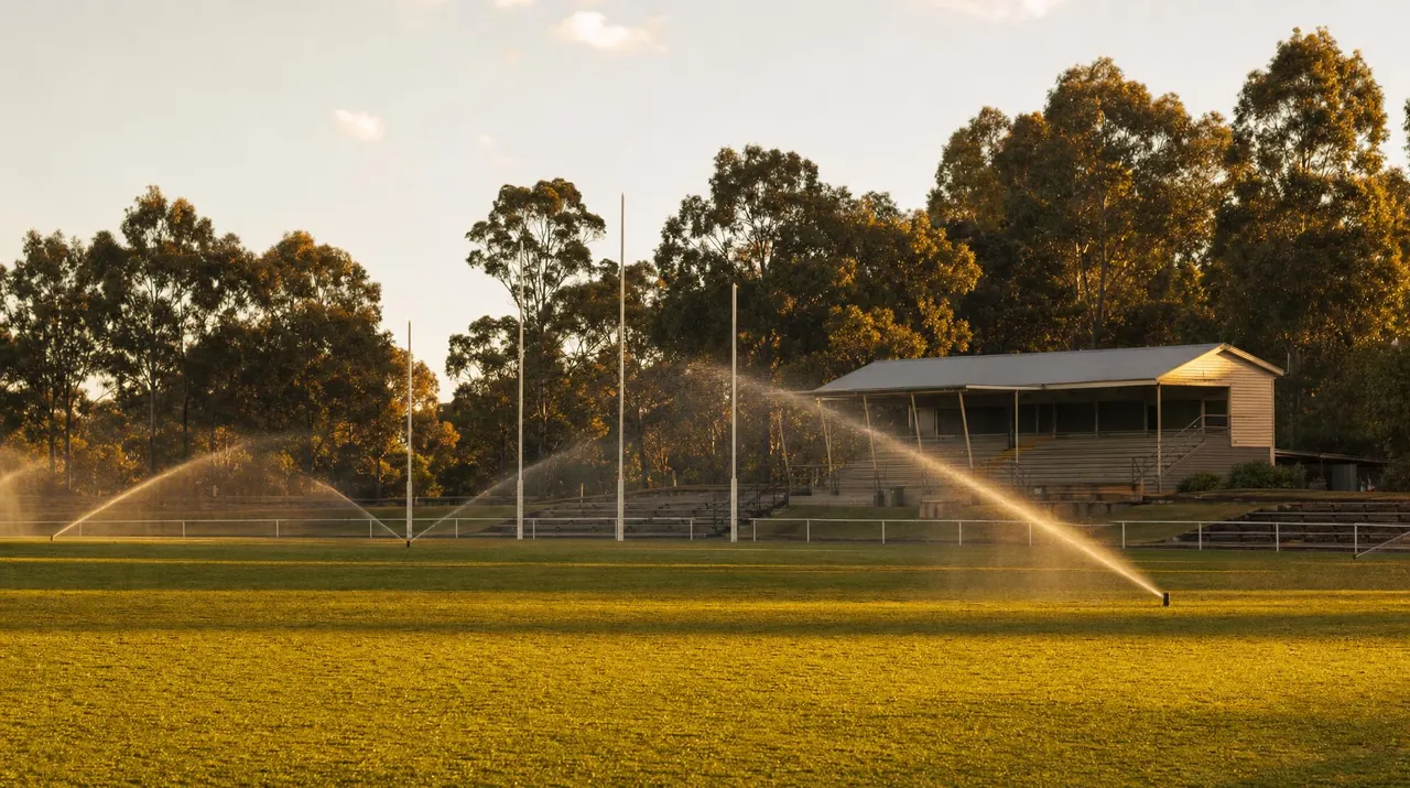 A row of sprinklers arcing across an empty sports oval at golden hour