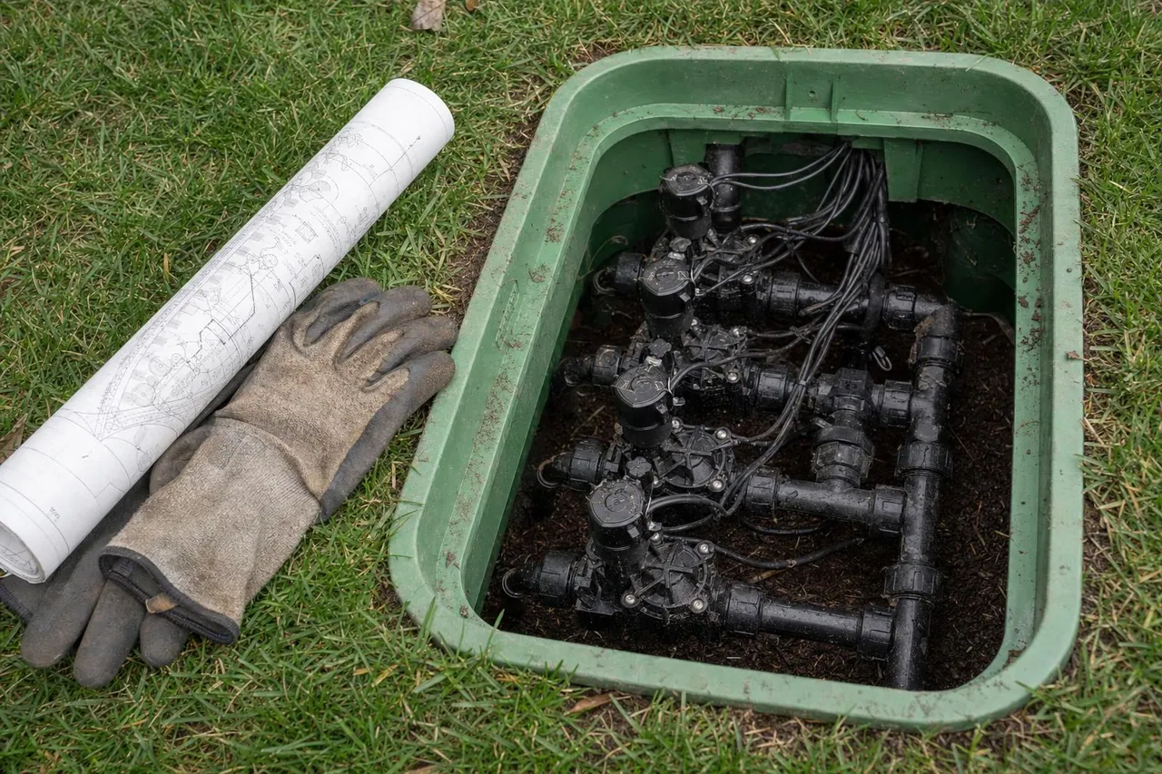 An open irrigation valve box in turf with solenoid valves and fittings inside