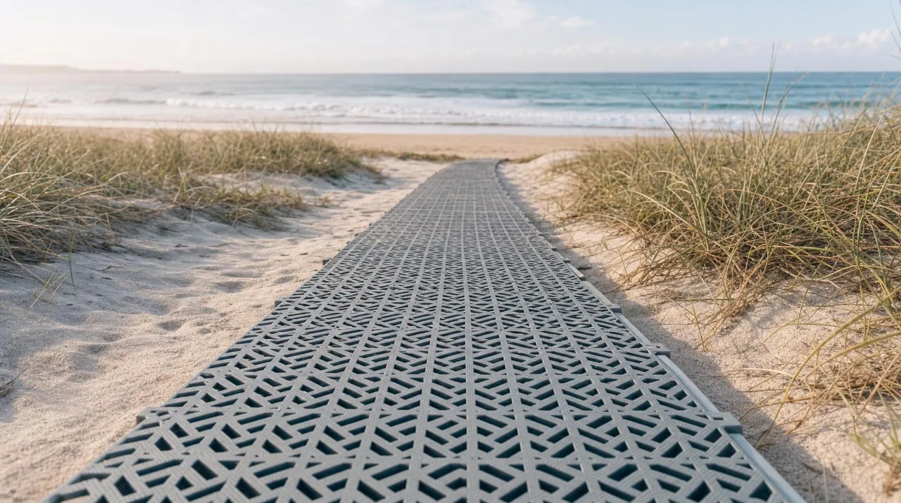 Grey PolyGrid grating panels forming a boardwalk over sand dunes toward the beach