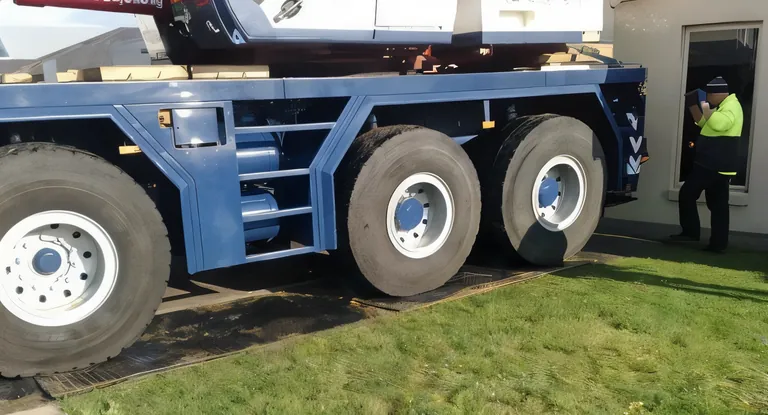 A mobile crane driving across black bog mats laid over a suburban lawn