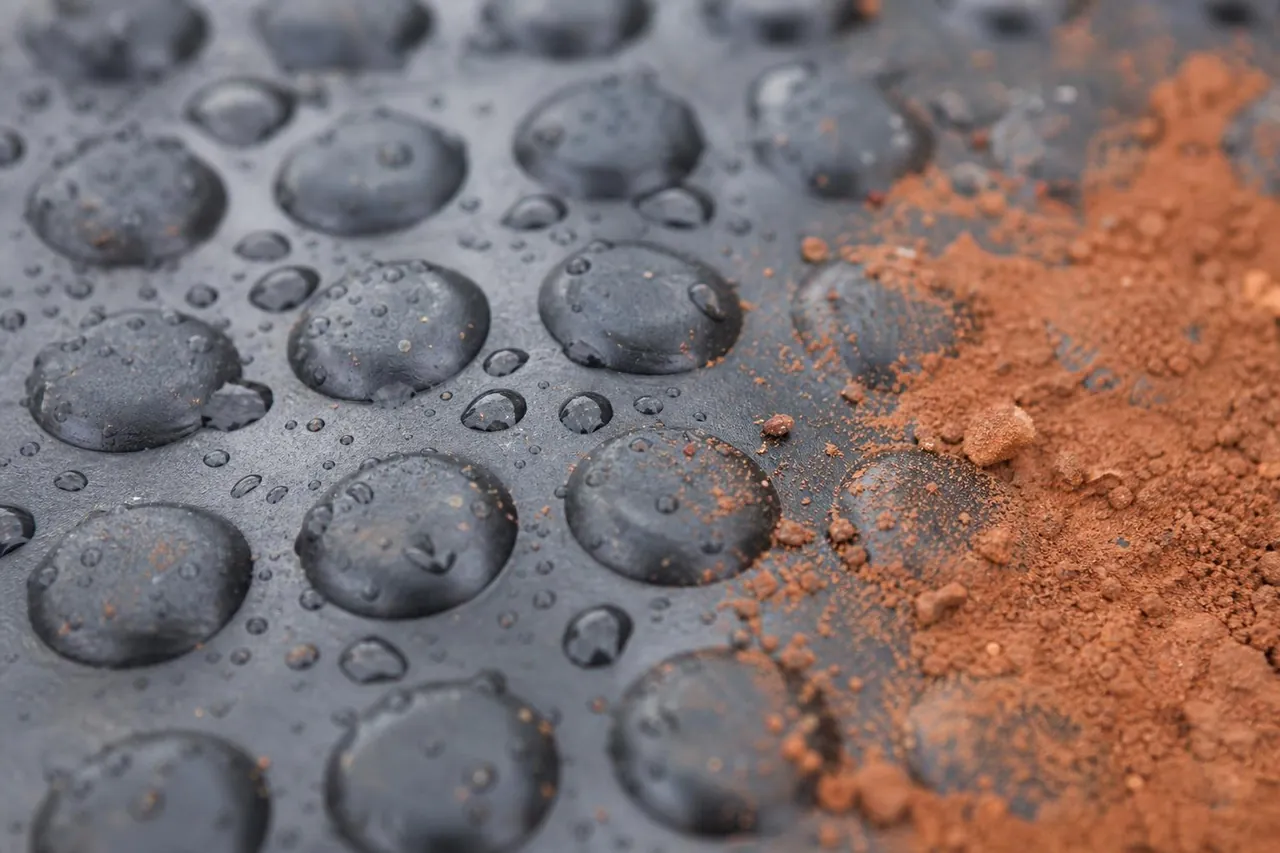 Close view of the dimple traction pattern on a black mat with rain beading on it