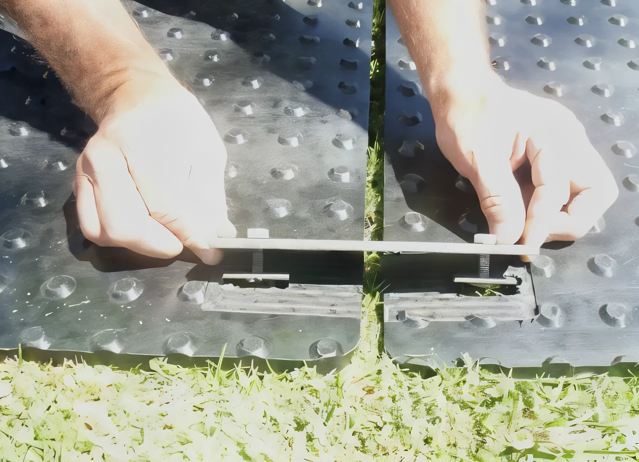 Two hands fitting a steel lock joiner between two bog mats